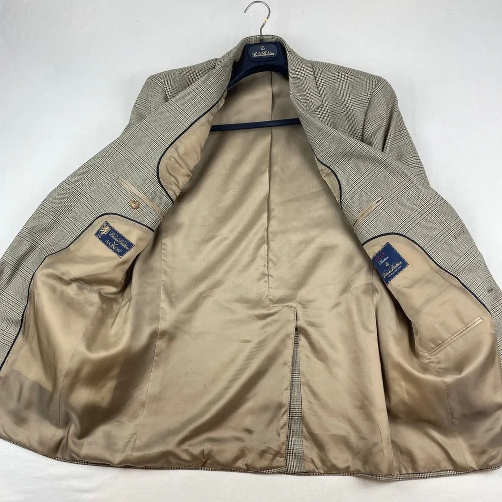 Brooks Brothers 1818 Madison Saxon Wool Glen Plaid Blazer Tan Brown 40L 32184026